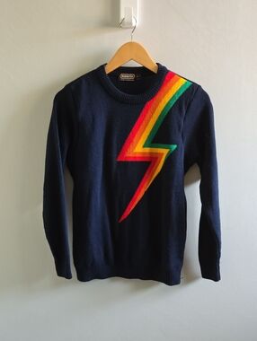 Vintage Run & Fly Blue Sweater with Colourful Lightning Bolt Size XS